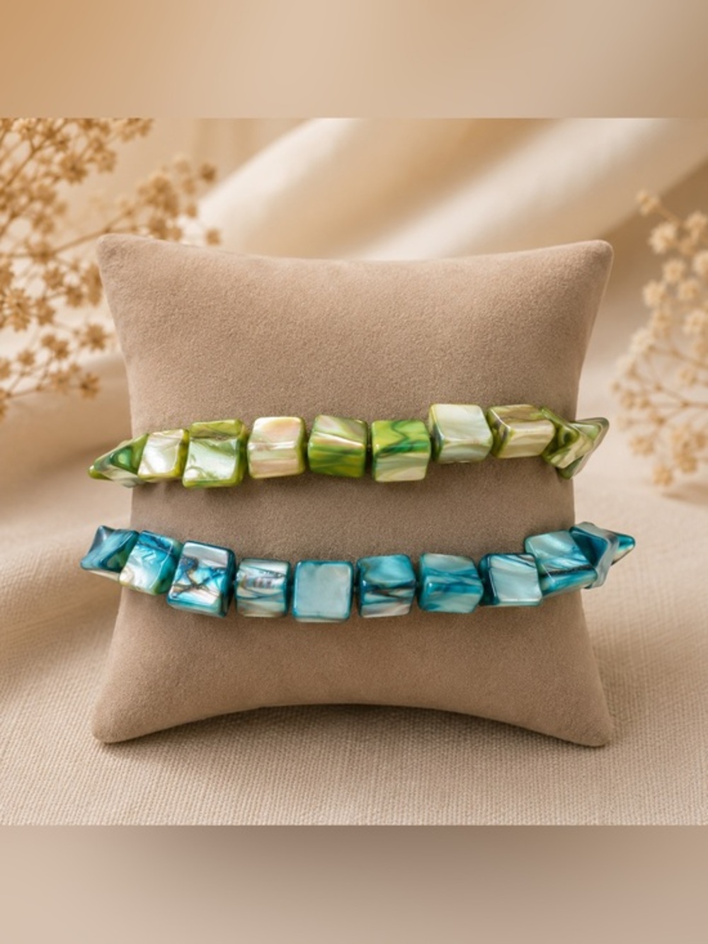 Pair of green and blue Faux Mother of Pearl 8" stretch bracelets.  GUC. #173